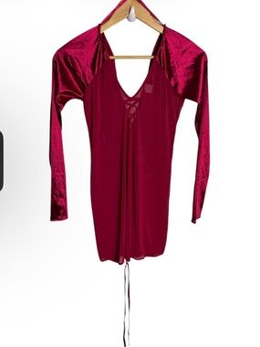 Dream girl red Nylon satin/ mesh long sleeve lace up back mini lingerie dress L